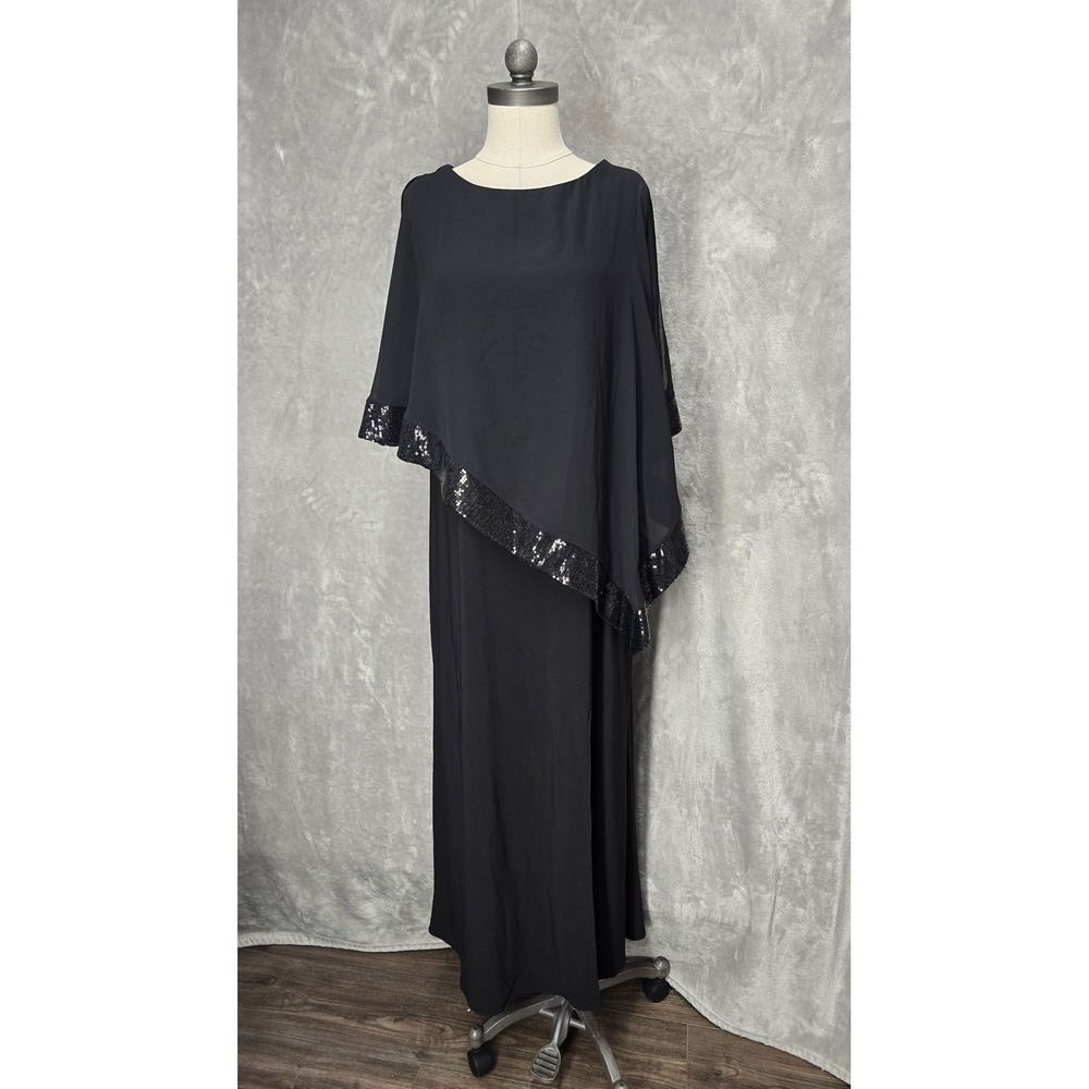 R&M Richards Black Sz 16 Sequin Capelet Maxi Dress Glam Lace Gown Elegant Party